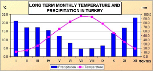 long term montly temperature and precipitation in Turkey