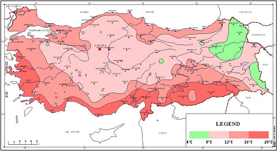 Long term mean temperature of Turkey